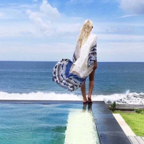 Cobalt Aztec Design Wide Sleeve Chiffon Kimono - Picture 3 of 7